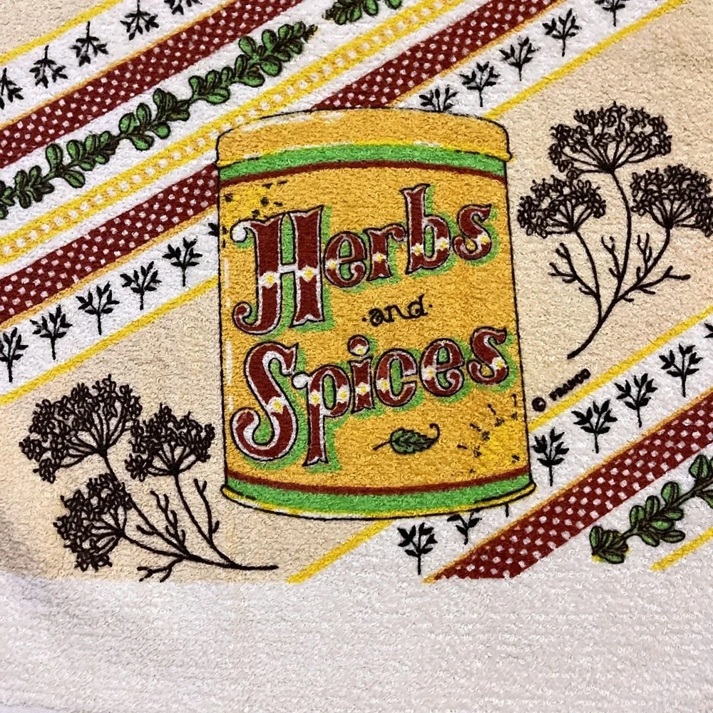 VTG CANNON‎ Hand Kitchen Towel Fringe 70s NOS Herbs & Spices Yellow Green Basil